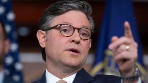 Speaker of the House Mike Johnson takes questions at a news conference following a closed-door GOP meeting at the Capitol in Washington, Tuesday, April 21, 2026. (AP Photo/J. Scott Applewhite)