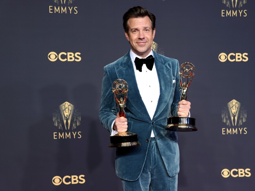 Jason Sudeikis poses in the press room during the Primetime Emmy Awards in September 2021.