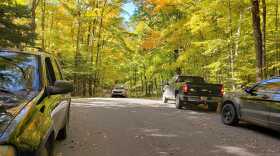 Emergency responders gather at a trailhead in the Chequamegon-Nicolet National Forest after a Tuesday-morning plane crash.