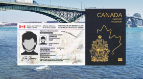 A collage of images featuring the Peace Bridge, an SCIS card, and a Canadian Passport