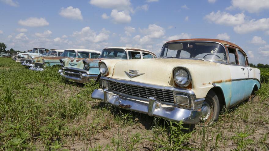 Chevrolets are lined up in a field near the Lambrecht Chevrolet dealership in Pierce, Neb. Later this month, bidders will attend a two-day auction that will feature about 500 old cars and trucks, many with fewer than 10 miles on the odometer.