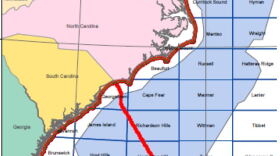 A map shows areas off the N.C. coast where seismic testing is planned, in advance of offshore oil and gas drilling. 