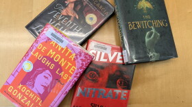 Four library books arranged on a wooden table: Anita de Monte Laughs Last, The Seventh Veil of Salome, Silver Nitrate and The Bewitching.