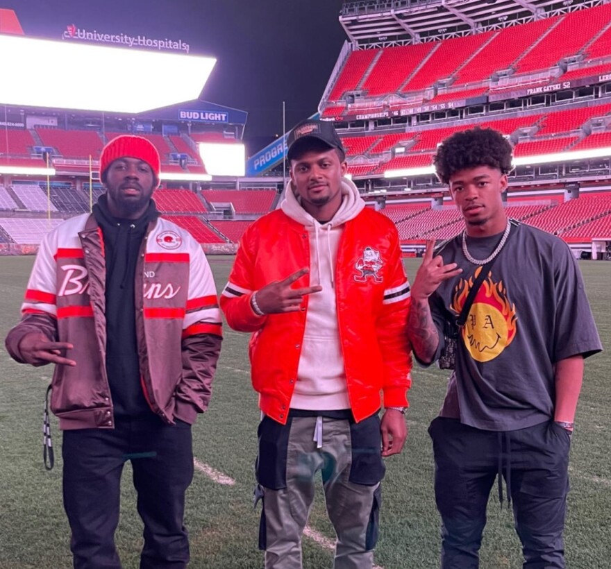 Browns Jeremiah Owusu-Koramoah, Deshaun Watson and Greg Newsome.
