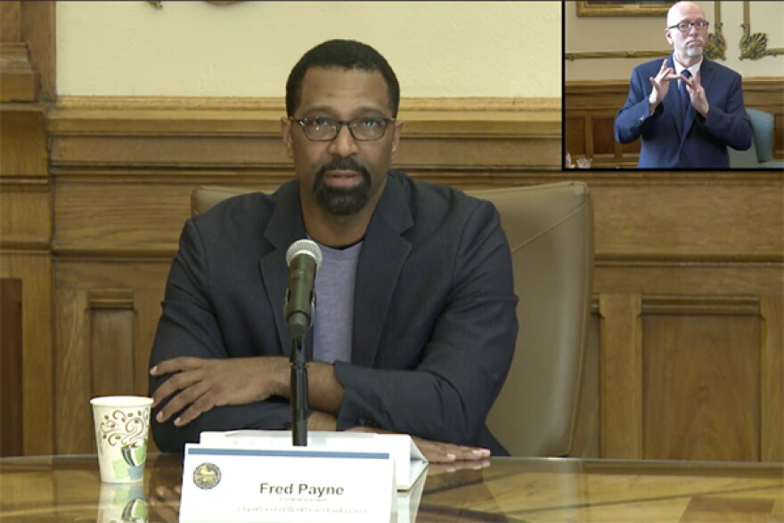 Fred Payne, commissioner of the Indiana Department of Workforce Development, gives an update on the agency's actions at a virtual press conference. (Screenshot of governor's live stream)