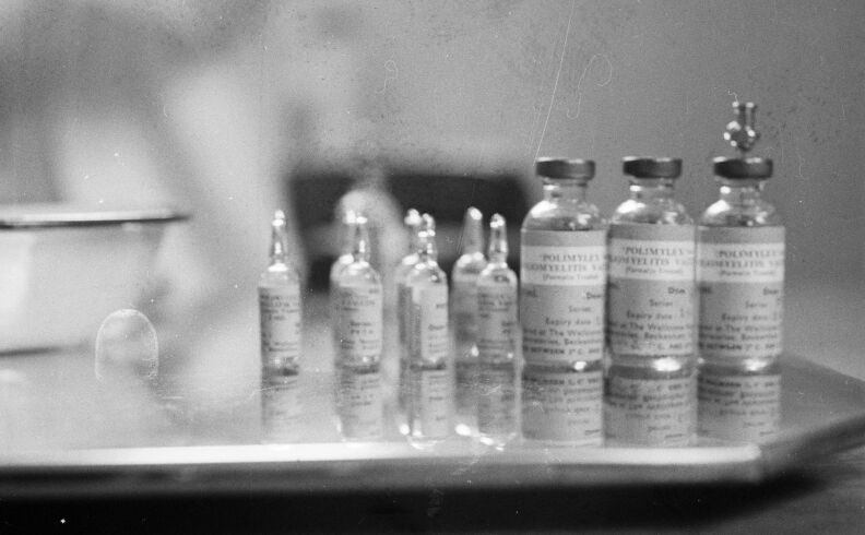 April 1959: Bottles containing the polio vaccine.