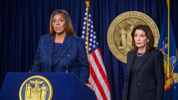 New York Attorney General Letita James, left, and Gov. Kathy Hochul at a news conference in New York City Wednesday November 6, 2024