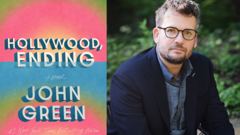 The cover of "Hollywood Ending" and author John Green. (Courtesy of Penguin Random House and Marina Waters) 