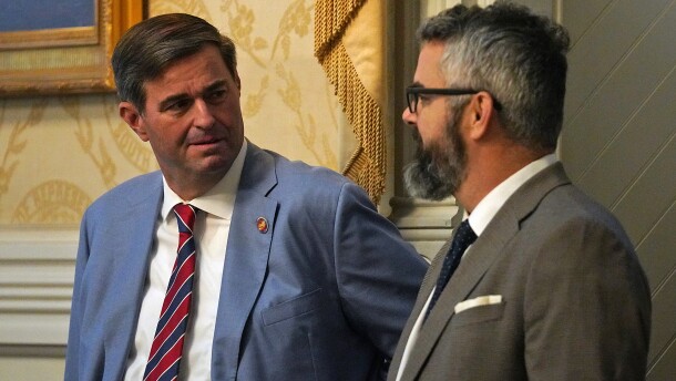 House Speaker Murrell Smith, R-Sumter, speaks with Rep. Micah Caskey, R-Lexington, in the House chamber at the South Carolina Statehouse on April 29, 2026.