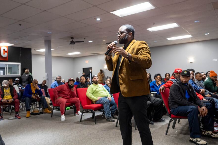 Jamar Harris, with Columbus' Office of Violence Prevention, speaks during a Black Girl Dad Week event.