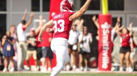 Indiana's Charles Campbell celebrates after making a 51-yard field goal in overtime to beat Western Kentucky Saturday.
