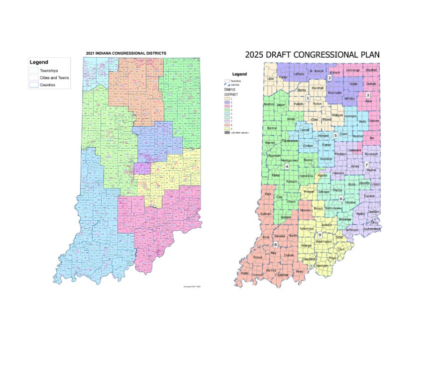 The map on the left shows Indiana's current congressional districts, drawn by Republican leadership after the 2021 Census. The map on the right shows what Indiana House Republicans are proposing.