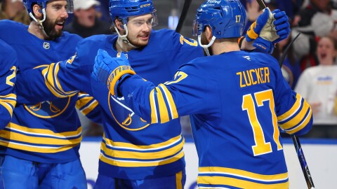 Buffalo Sabres left wing Jason Zucker (17) celebrates his goal with right wing Jack Quinn (22) during the first period in Game 5 of a second-round NHL hockey Stanley Cup playoff series against the Montreal Canadiens, Thursday, May 14, 2026, in Buffalo, N.Y.