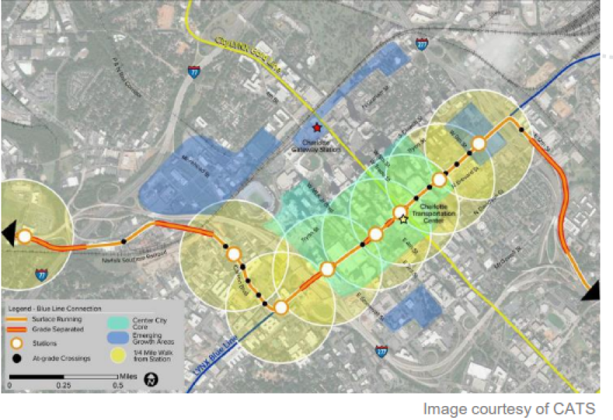 The Urban Land Institute says CATS should consider having the Silver Line (pictured in orange) share tracks with the Blue Line.