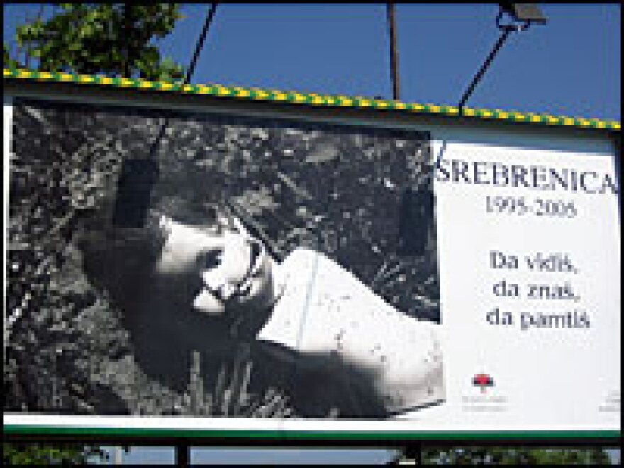 A billboard in Belgrade, Serbia,  commemorating the Srebrenica massacre. 