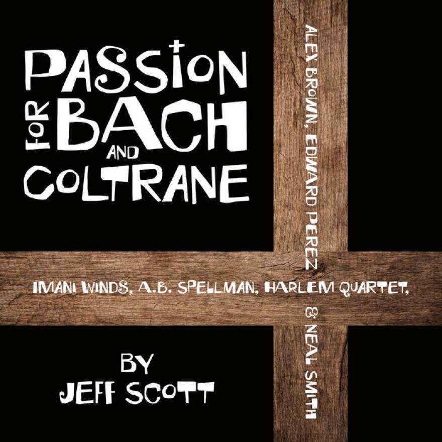 White text Passion for Bach and Coltrane on black background, with wooden cross image 