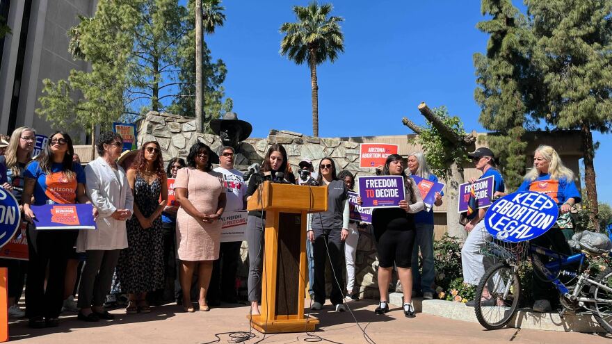 After the Arizona Supreme Court allowed for near-total abortion ban, a group of abortion-rights protesters gathered outside the Arizona state Capitol in Phoenix on April 9, 2024.