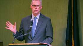 University of Alaska President Jim Johnsen delivers the State of the University address at a Juneau Chamber of Commerce luncheon in Juneau on Feb. 16, 2017. (Photo by Skip Gray/360 North)
