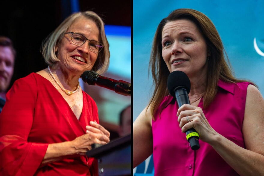 Left, Rep. Mariannette Miller-Meeks speaks at a podium on Election Night 2024. Right, Democratic challenger Christina Bohannan speaks the 'Des Moines Register' Political Soapbox.
