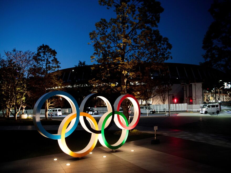 The Olympic rings displayed outside the National Stadium, a venue for the 2020 Olympic Games, in Tokyo on April 7. The games have been delayed until 2021 because of the coronavirus.