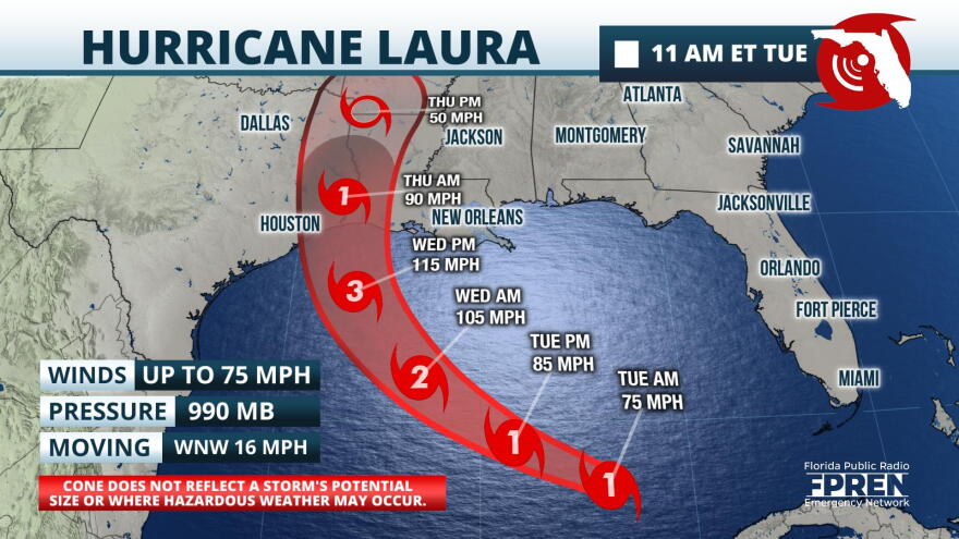 Hurricane Laura's forecast track, 11 AM Tuesday