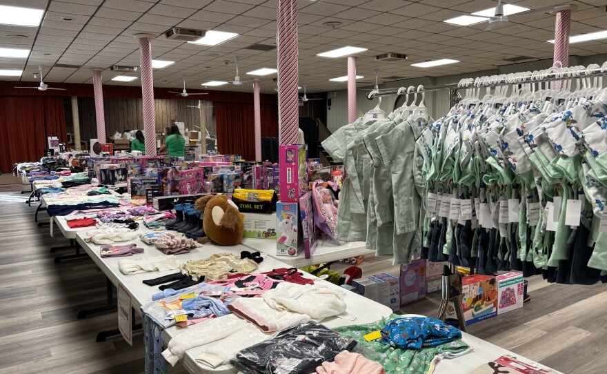 Toys and clothes on display for Catholic Social Service's Gifts for Kids distribution in Carbondale.