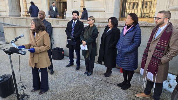 State Rep. Karen Brownlee with fellow lawmakers and others on the steps of the Hamilton County Courthouse announcing legislation to limit ICE in Ohio.
