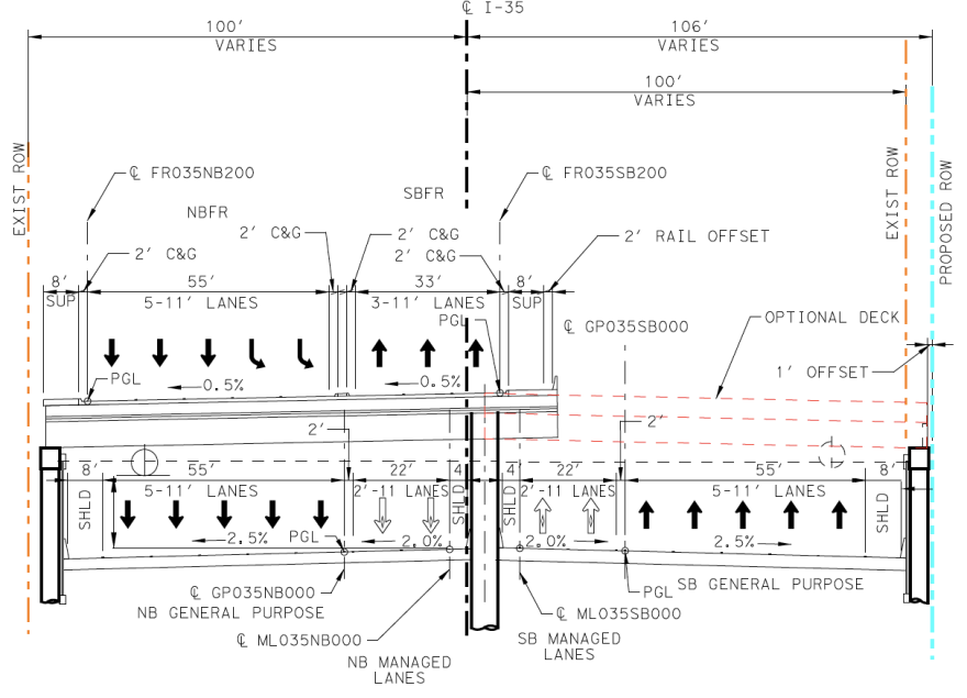 A technical drawing showing a cross-section of I-35 at Dean Keeton. The frontage road lanes, running side-by-side, would be directly above the northbound mainlanes of I-35.