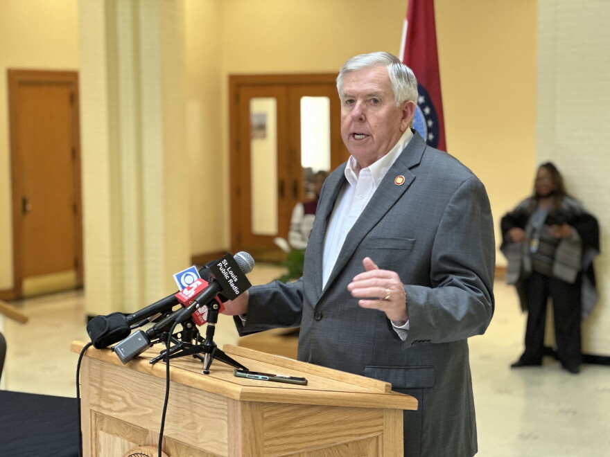  Missouri Gov. Mike Parson speaks during a stop on March 2, 2023, in downtown St. Louis to ceremonially sign legislation raising pay for state employees.