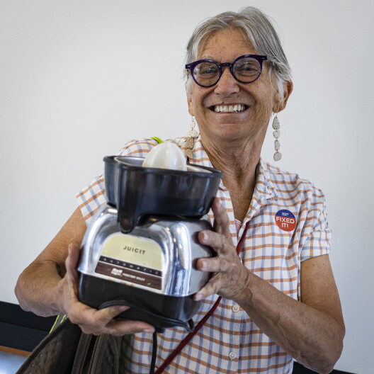 "Cynthia Richards shows off her newly repaired juicer, which had given some 30 years of loyal service before an orange-heavy recipe brought it to a halt."
