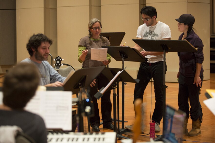 Composer Molly Sturges (center) working on the group project ‘Firerock’ in New Mexico in 2014.