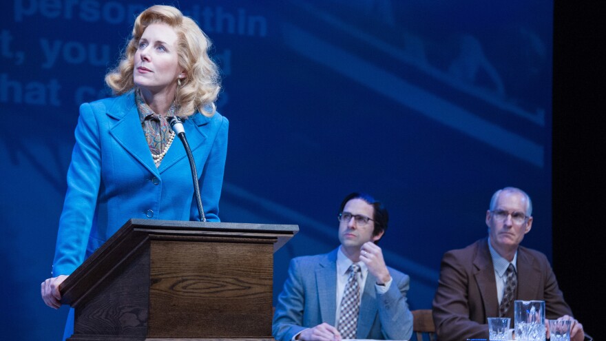 Sarah Weddington, played by Sarah Jane Agnew, makes their Supreme Court argument facing the audience, as audio of the real justices' responses plays from the back of the theater.