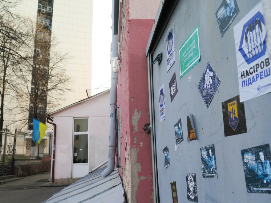 Stickers on a wall at Kiev's Solomyansky District Court demand justice for Ukraine's tax chief, Roman Nasirov, who is accused of corruption.