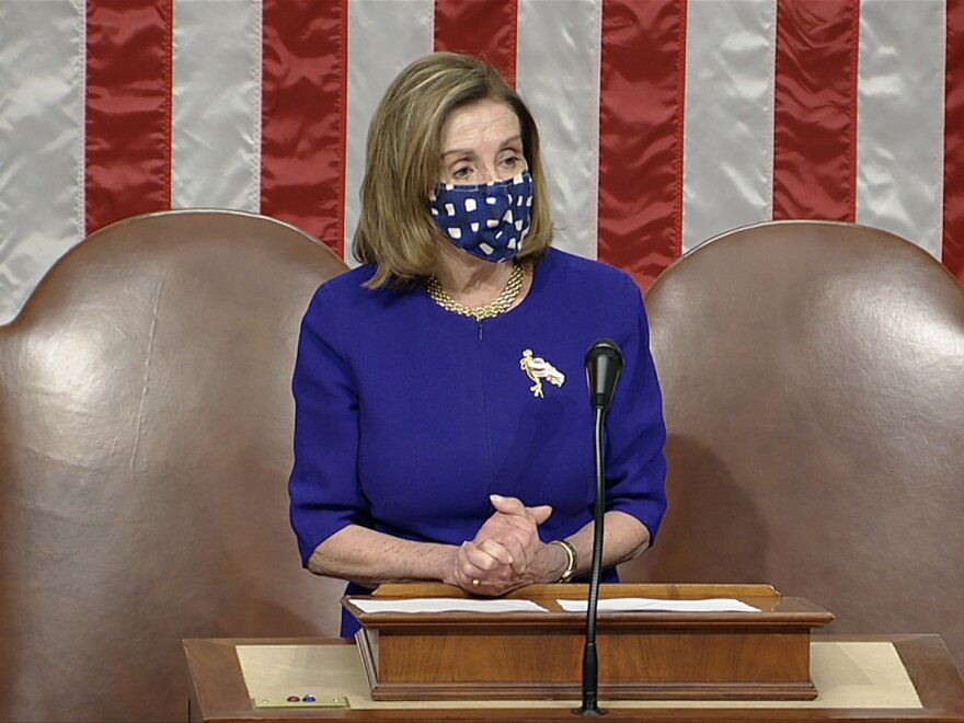 House Speaker Nancy Pelosi, D-Calif., speaks as the House reconvenes after protesters stormed into the U.S. Capitol.