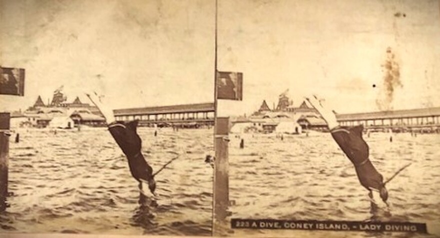 "Lady diving — Coney Island."