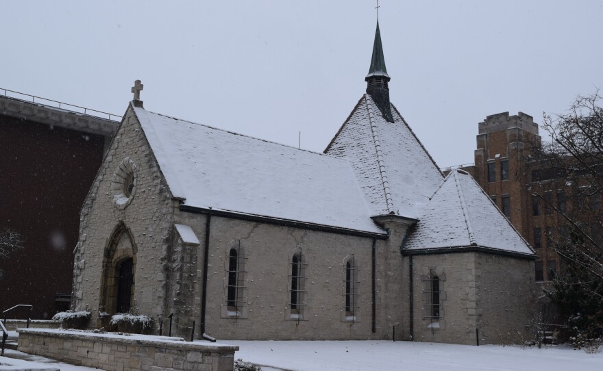 A side profile of the St. Joan of Arc Chapel in the heart of Marquette University's campus.