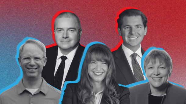 Two Republicans and three Democrats are vying for Iowa's 2nd Congressional District seat, currently held by Rep. Ashley Hinson. From left to right: Clint Twedt-Ball, Charlie McClintock, Lindsay James, Joe Mitchell and Kathy Dolter.