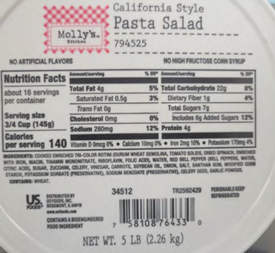 Molly's Kitchen California Style Pasta Salad product label.