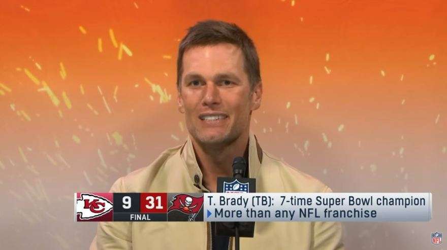 Tom Brady addresses the media after the Tampa Bay Bucs' 31-9 Super Bowl victory over the Kansas City Chiefs at Raymond James Stadium on Feb. 7, 2021. Photo: NFL / Youtube