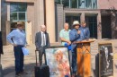 The environmental scientists joined 2 elected officials for a media event in front of Tallahassee City Hall on March 23. From left-to-right: Fred Kocher; Dan Axelrad; Dr. Ron Saff; Tony Murray; Leon County Commissioner Bill Proctor; and Tallahassee City Commissioner Jeremy Matlow.