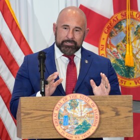 FILE - Florida Lt. Gov. Jay Collins during a news conference Aug. 12, 2025, in Tampa, Fla.