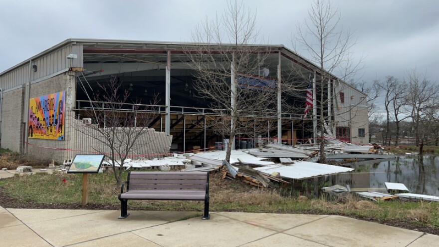 An Ann Arbor building that sustained storm damage in mid-April 2026.