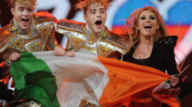 Ireland's pop duo, Jedward, celebrate after hearing their results during the First Semi-Final of the Eurovision 2012 song contest in the Azerbaijan's capital Baku, late on May 22, 2012.