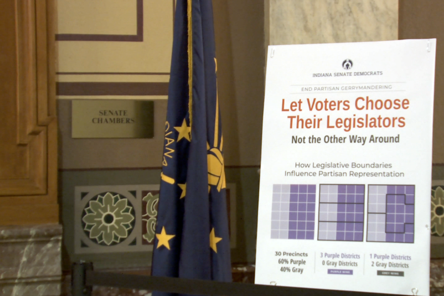 A poster set outside the Senate chambers by Democrats in early 2021.