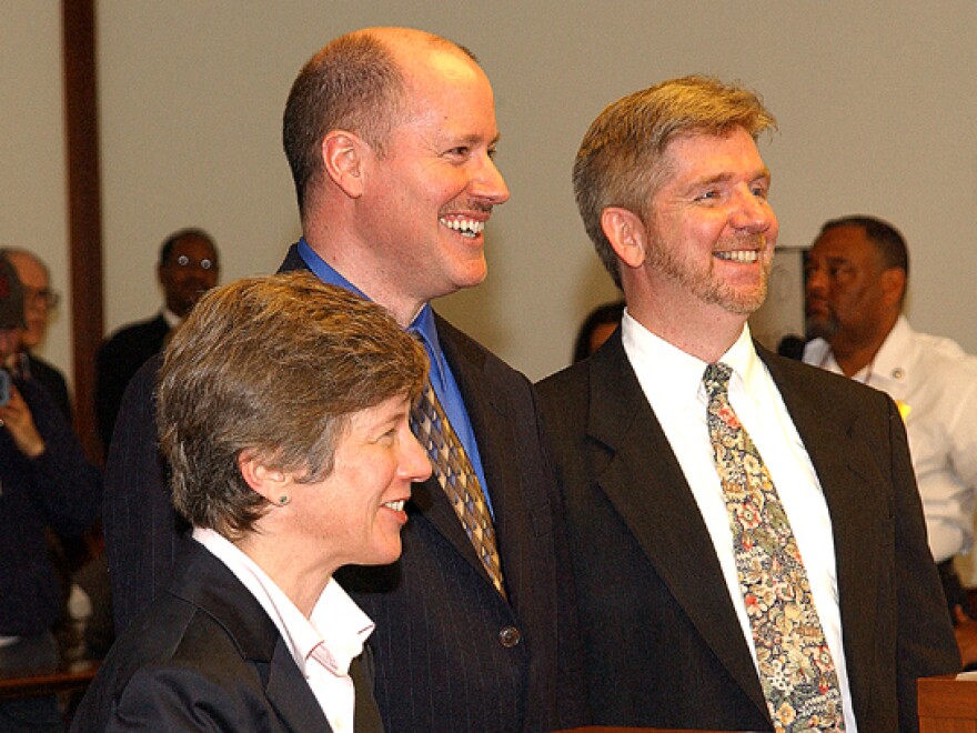Bonauto with Edward Balmelli and Michael Horgan, plaintiffs in the landmark case that legalized gay marriage in Massachusetts.