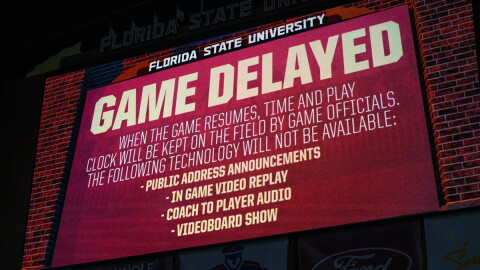 Florida State's scoreboard shows a delay message due to a blackout before an NCAA college football game against SMU, Monday, Sept. 7, 2026, in Tallahassee