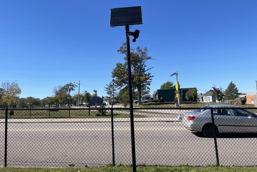 A Flock camera stands along the roadside near Kennedy Park as traffic passes by in Fall River, Mass., Tuesday, Oct. 6, 2026. (Anastasia E. Lennon/The New Bedford Light via AP)