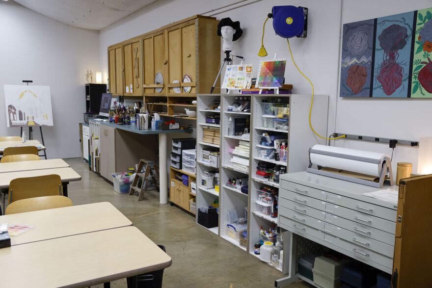 Various art supplies and tables are seen at The Art Room, a nonprofit art studio, Monday, Jan. 22, 2024, in Denton, Texas.