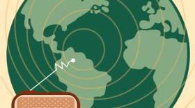 program art for Radiogram showing vintage radio broadcasting to the world