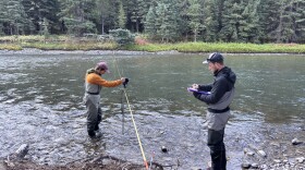 Montana Department of Environmental Quality scientists Zachary Laibinis and Joe Vanderwaal measuring the velocity of different points of the Gallatin River on September 18, 2025. Their work is part of a six-year impairment study to learn what’s caused nuisance algal blooms along the Gallatin River.